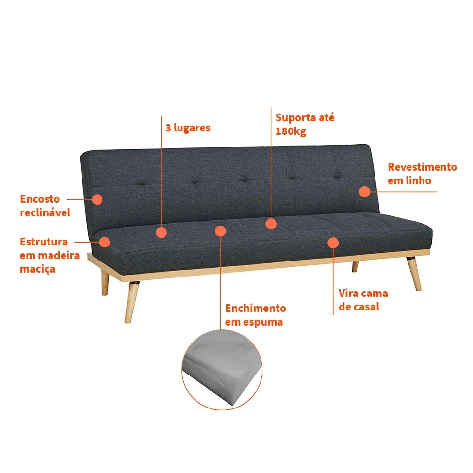 Sofá-Cama 3 Lugares Casal Córsega Cinza Escuro
