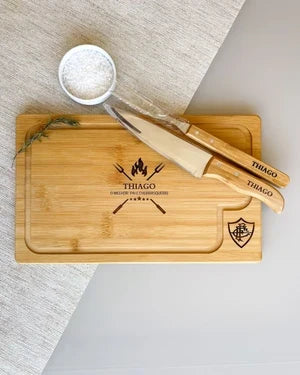 Kit Churrasco Tábua Faca Garfo Personalizada Bambu Dia dos Pais