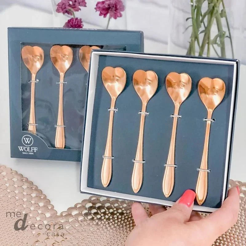 Conjunto 4 Colheres Aço Inox para Chá Heart Dourado