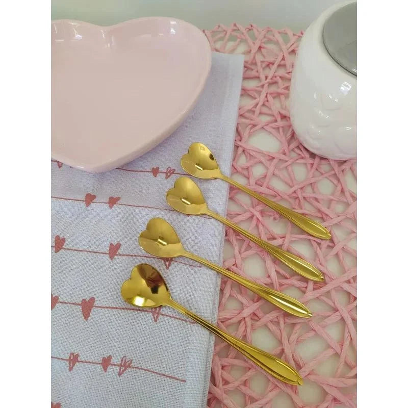 Conjunto 4 Colheres Aço Inox para Chá Heart Dourado