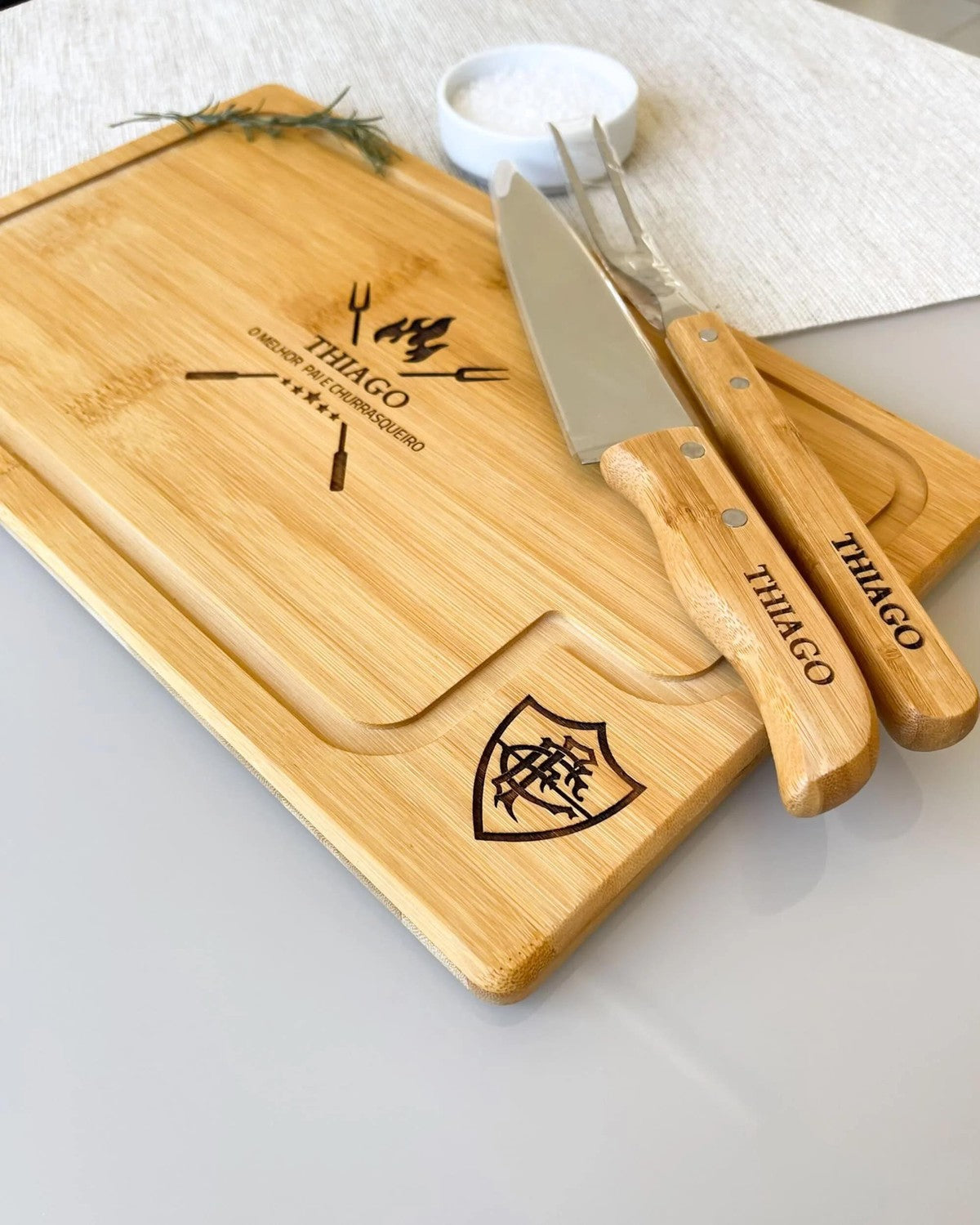 Kit Churrasco Tábua Faca Garfo Personalizada Bambu Dia dos Pais