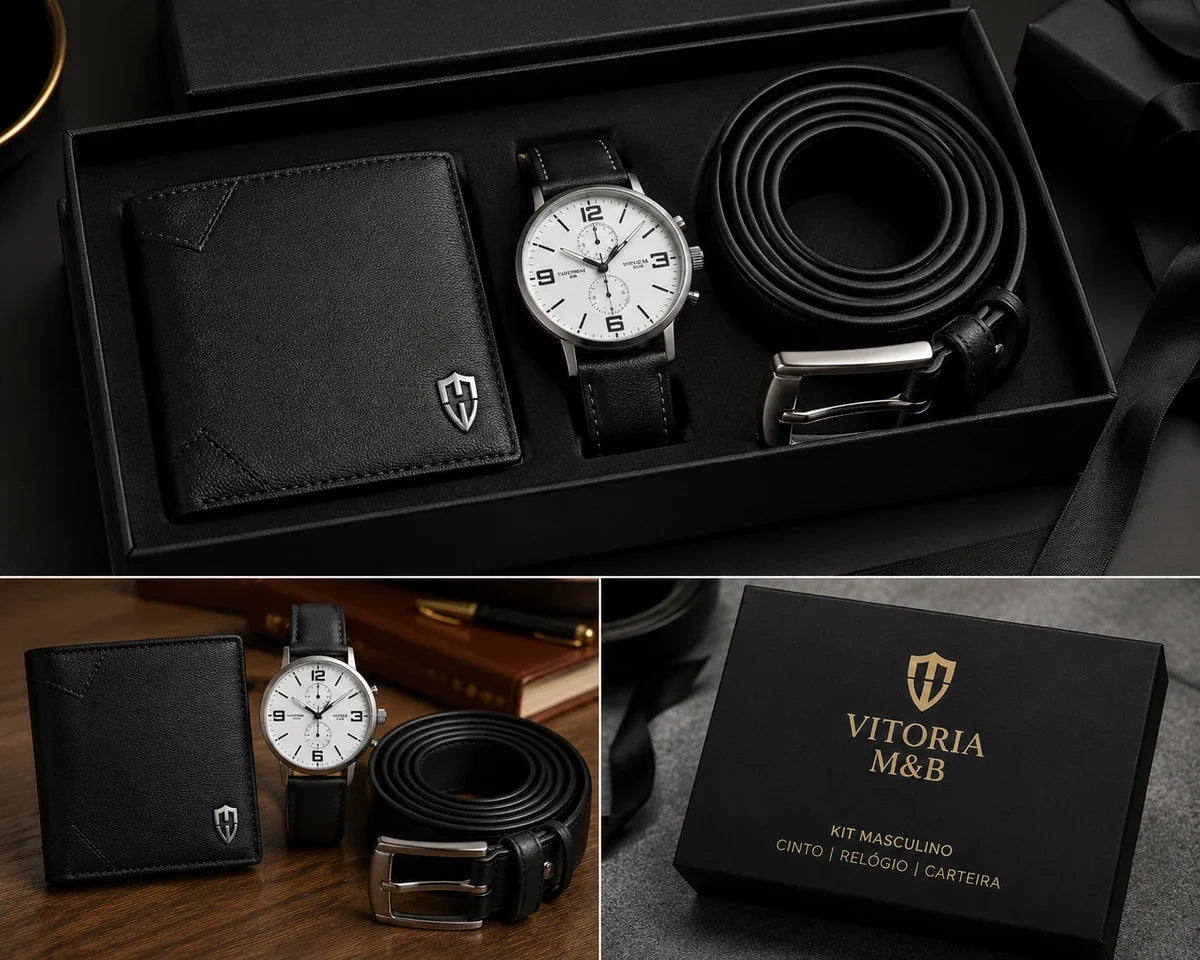 Kit Masculino Vitória M&B Cinto Relógio e Carteira