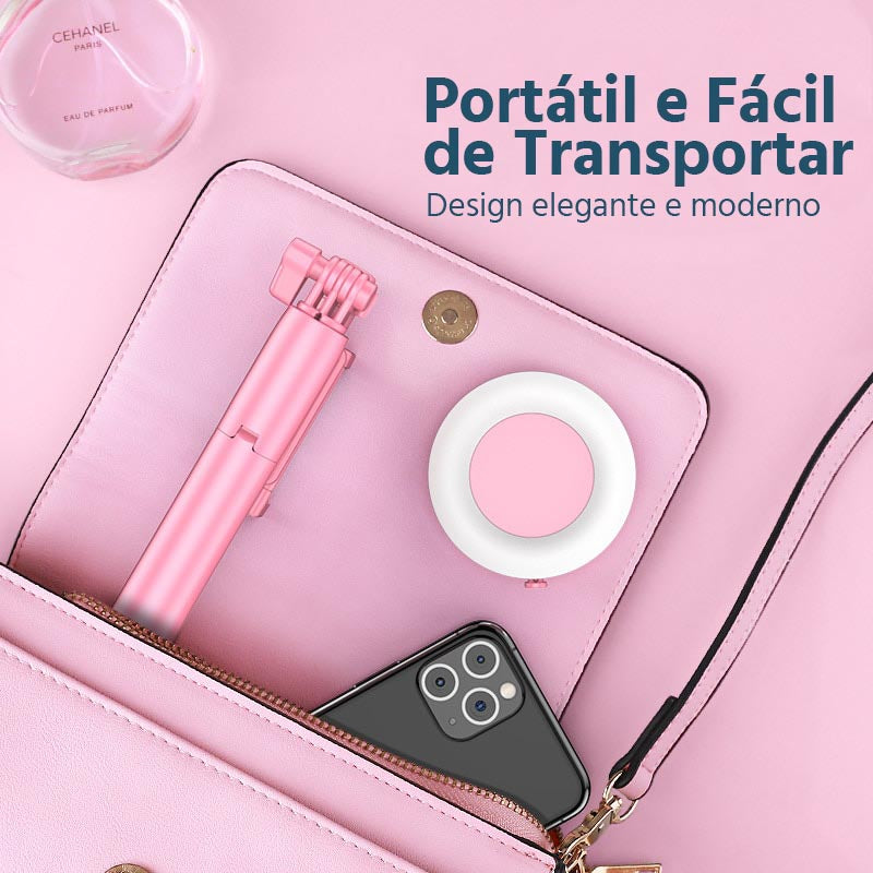 Kit Suporte Celular 5 em 1 Tripé Bastão Selfie Luz LED Mega Certo