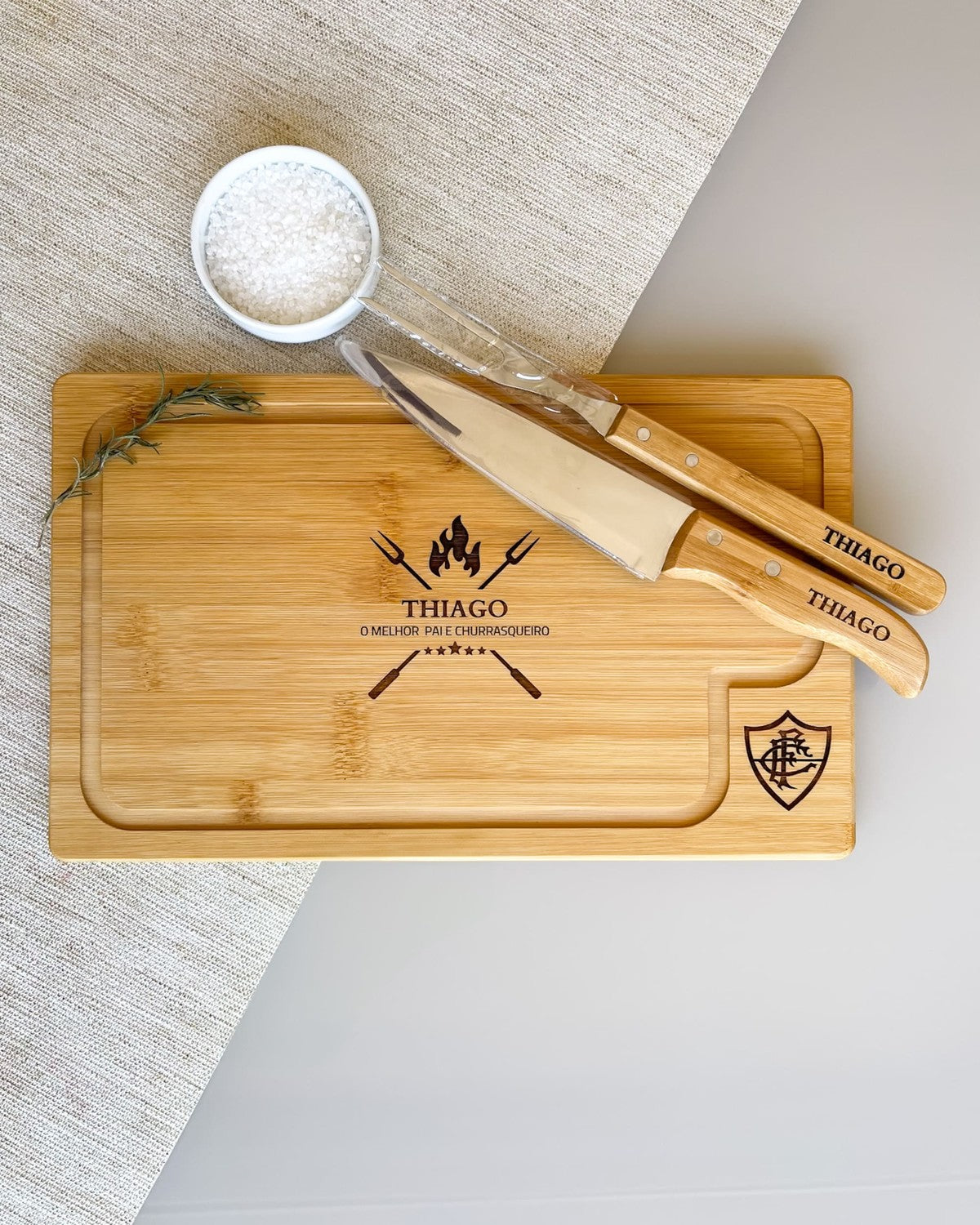 Kit Churrasco Tábua Faca Garfo Personalizada Bambu Dia dos Pais