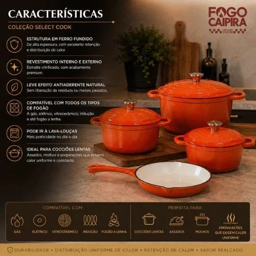 Jogo de Panelas de Ferro Fundido Fogo Caipira 18 Peças com Acessórios