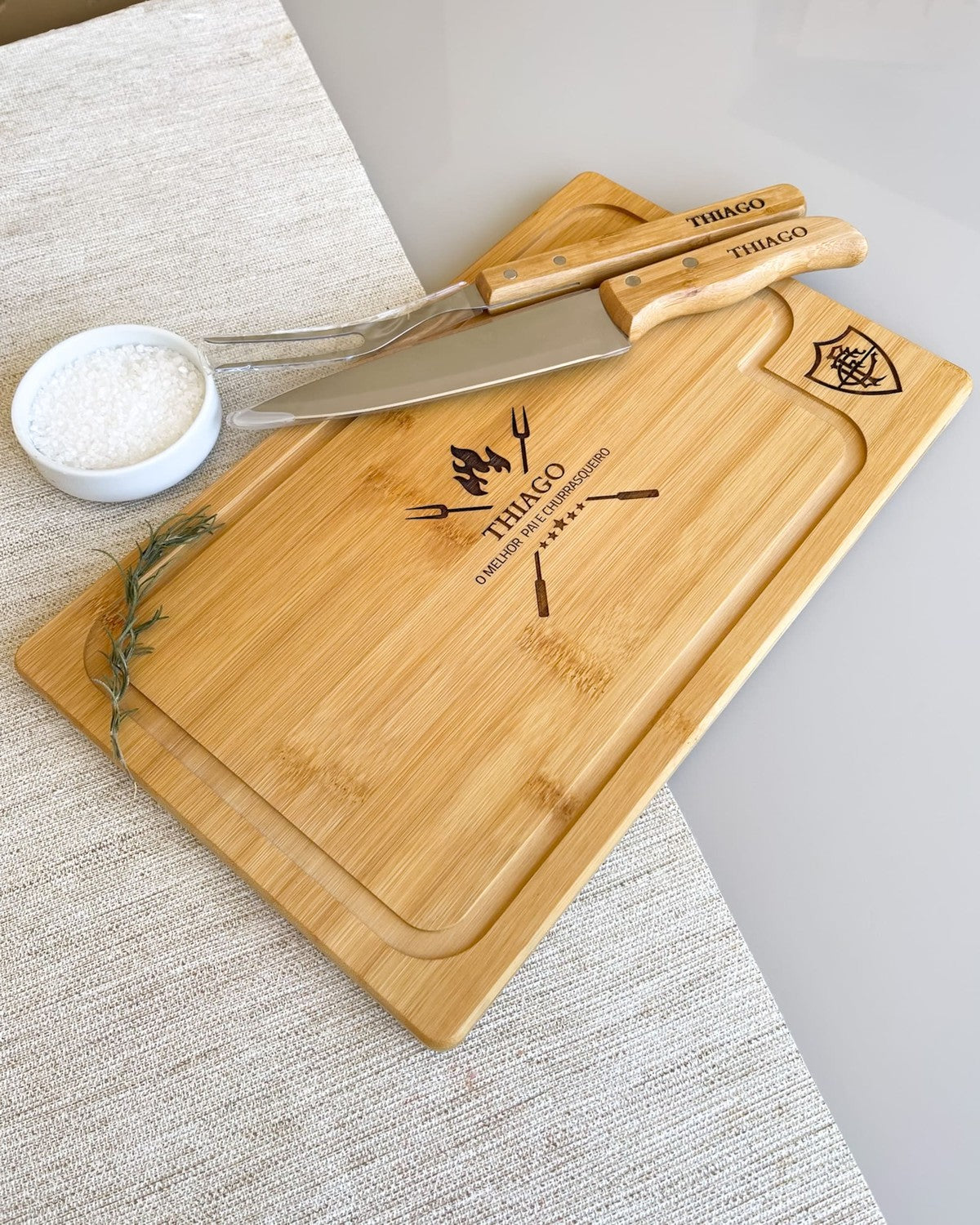 Kit Churrasco Tábua Faca Garfo Personalizada Bambu Dia dos Pais