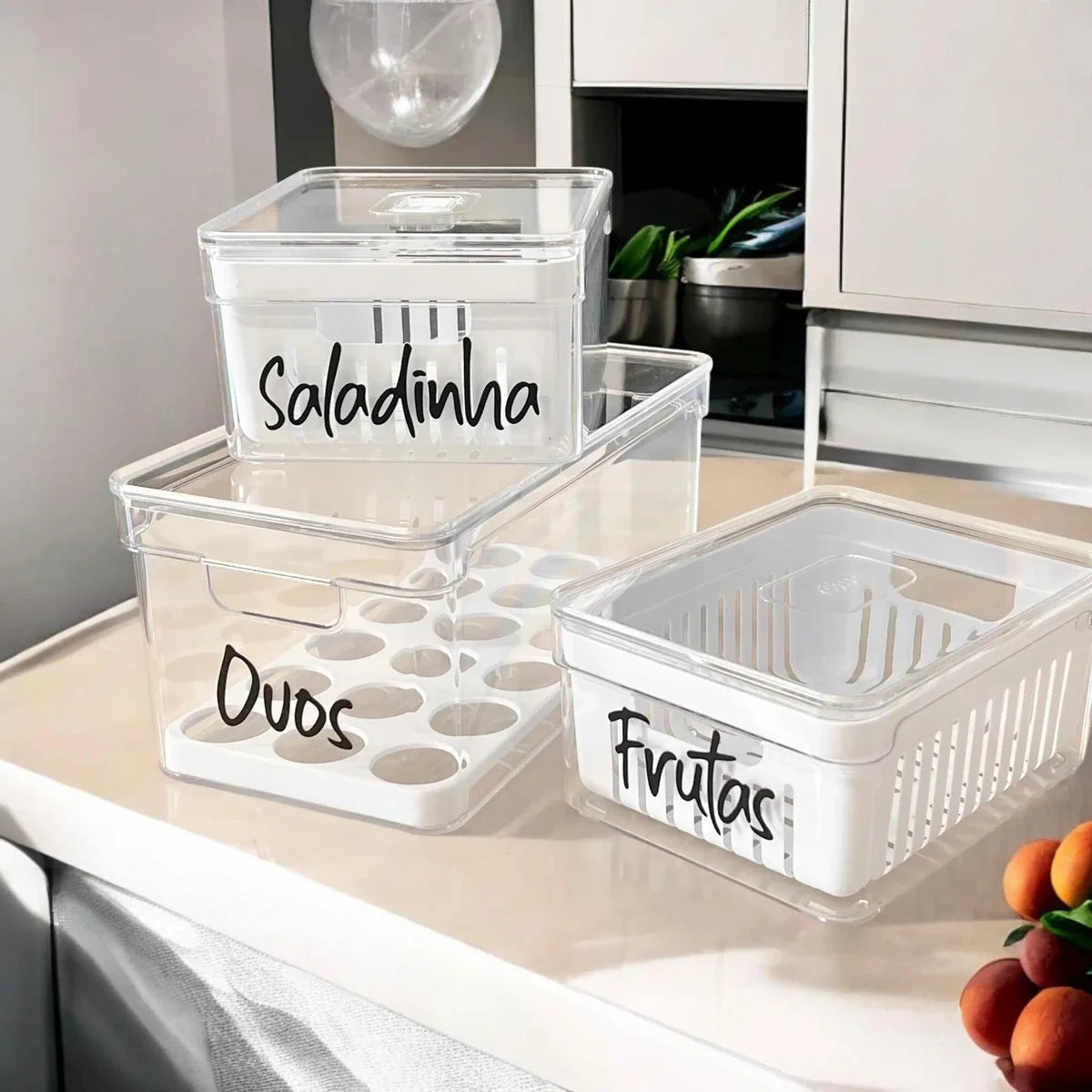 Kit Organizador de Geladeira Clear 3 Peças Branco e Transparente