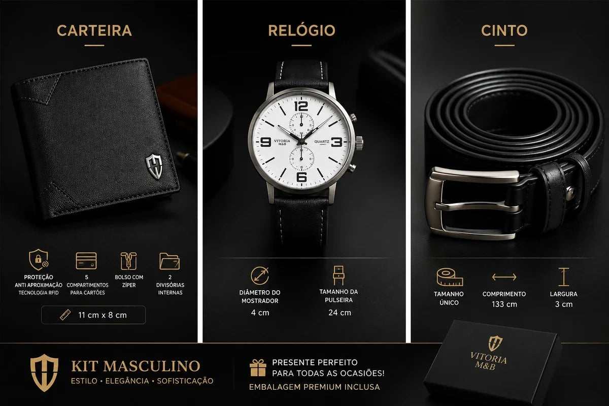 Kit Masculino Vitória M&B Cinto Relógio e Carteira
