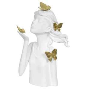 Escultura Decorativa de Poliresina Menina Branco e Dourado 31x17,5x15,5cm