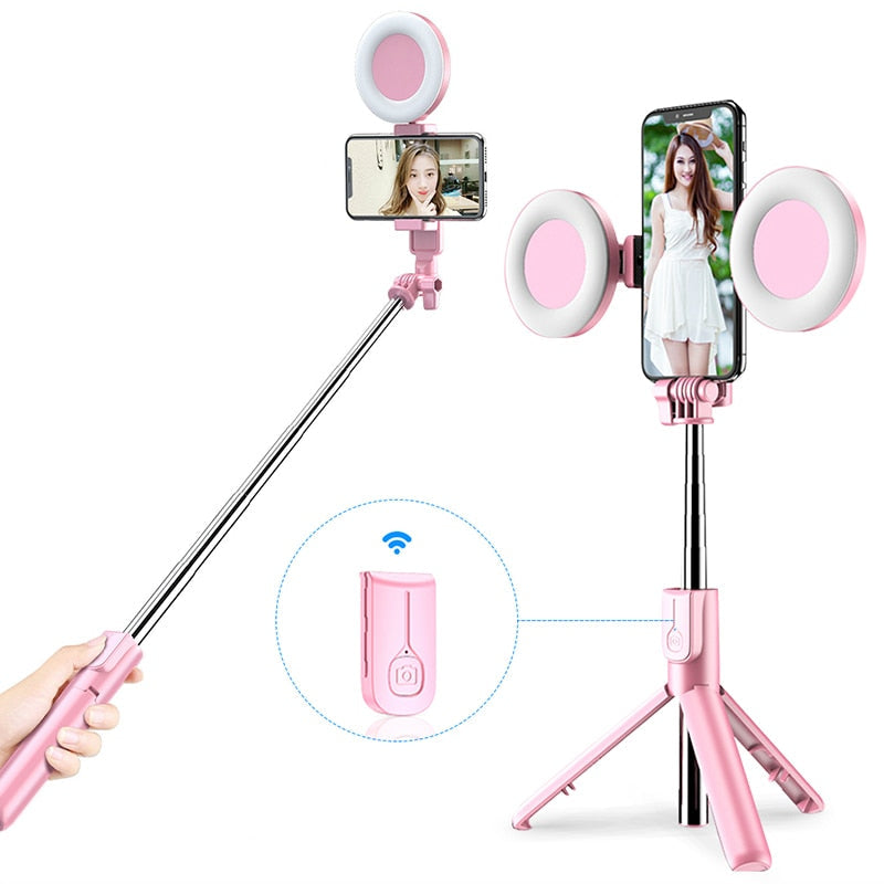 Kit Suporte Celular 5 em 1 Tripé Bastão Selfie Luz LED Mega Certo