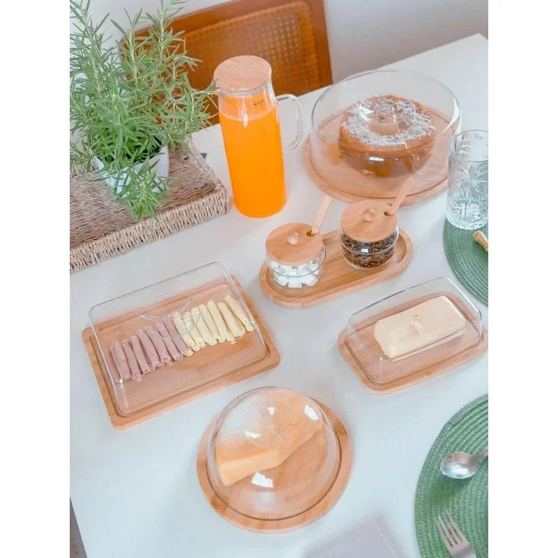 Kit Café da Manhã Bambu 8 Itens Boleira Manteigueira Jarra Queijeira Porta Frios 2 Potes Bandeja
