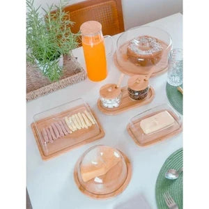 Kit Café da Manhã Bambu 8 Itens Boleira Manteigueira Jarra Queijeira Porta Frios 2 Potes Bandeja