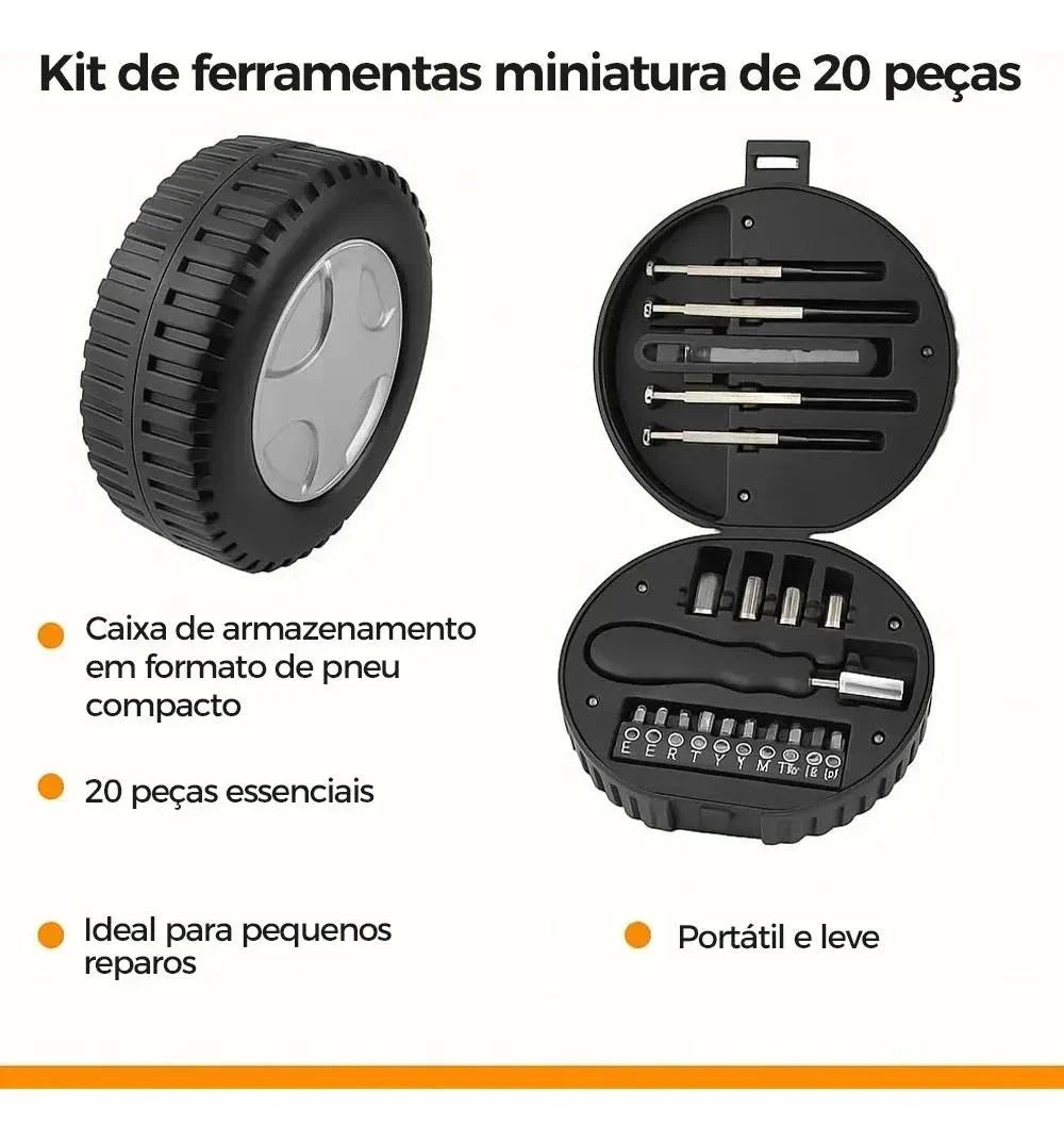 Kit Ferramenta 20 Peças Estojo Formato Pneu Preto