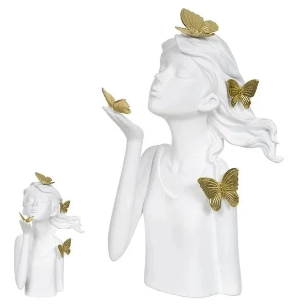 Escultura Decorativa de Poliresina Menina Branco e Dourado 31x17,5x15,5cm
