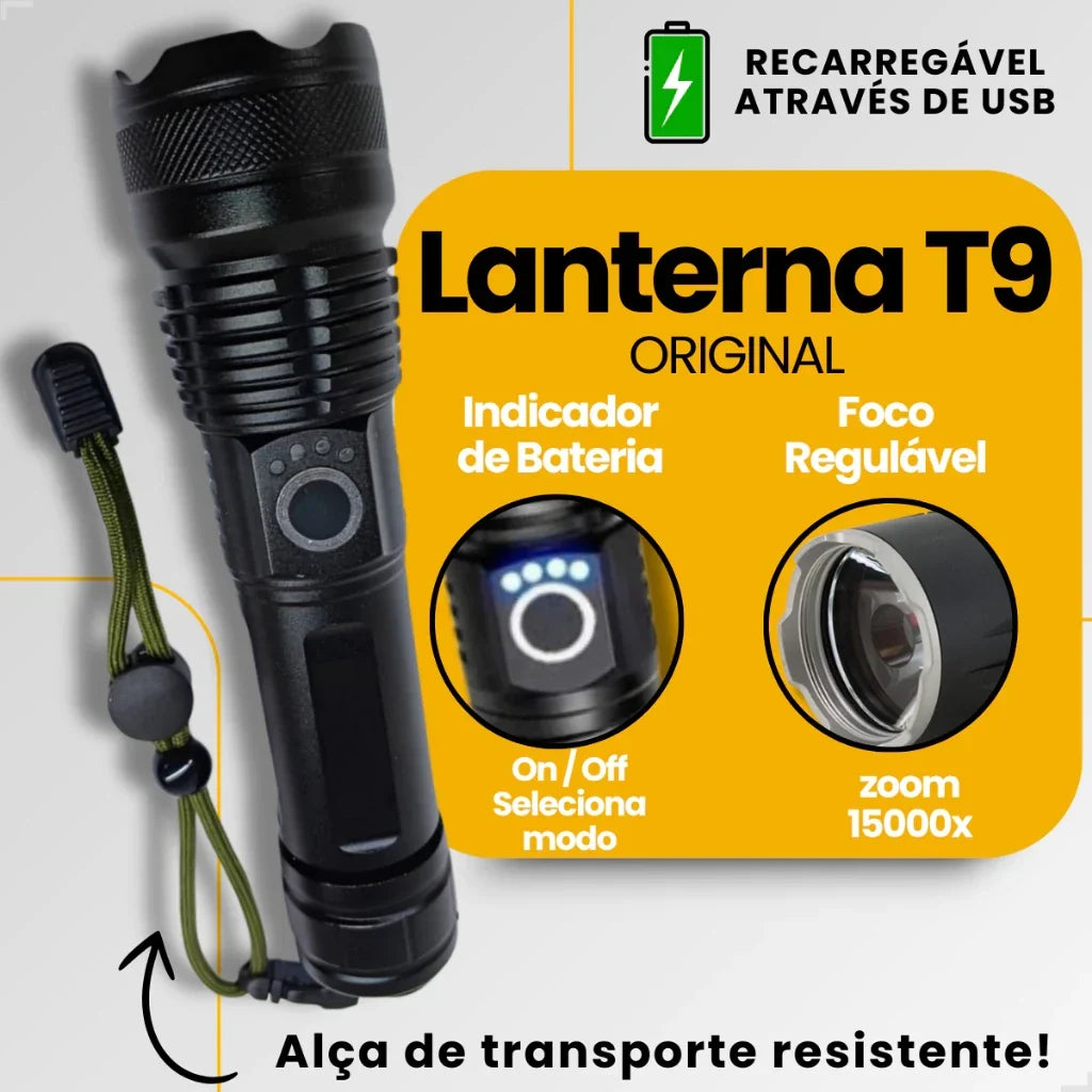 Lanterna Tática T9 P50 Recarregável USB Super Potente Mega Certo