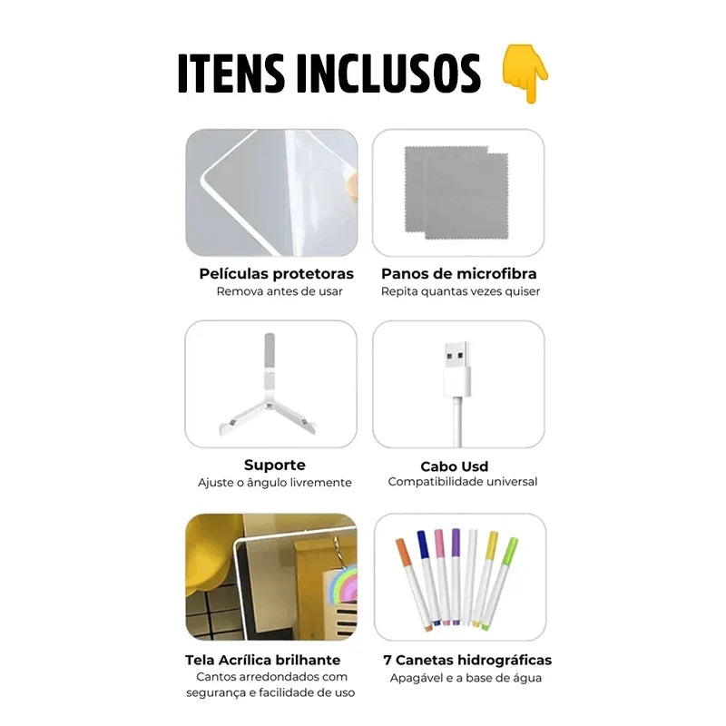 Quadro de Desenho LED Brilhante Reutilizável Lunpad com 7 Canetinhas e Suporte