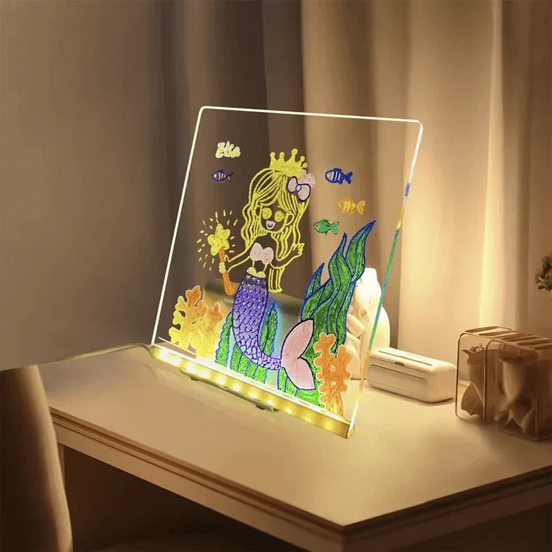 Quadro de Desenho LED Brilhante Reutilizável Lunpad com 7 Canetinhas e Suporte