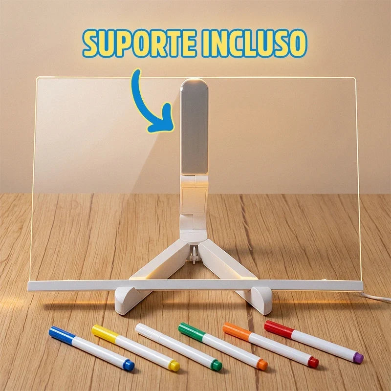 Quadro de Desenho LED Brilhante Reutilizável Lunpad com 7 Canetinhas e Suporte